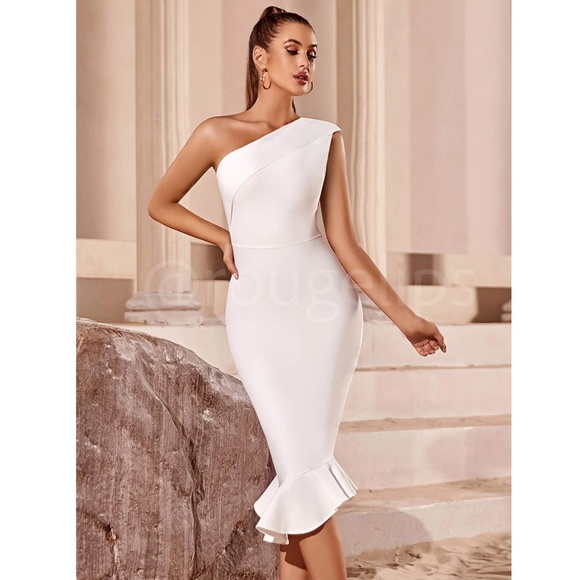 Bandage Asymmetrical Midi Dress White Ruffle Hem One Shoulder - Picture 4 of 16